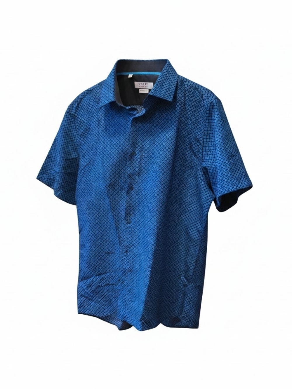Men's Short-Sleeve Button-Down Shirt in Blue Geometric Print Size L 16 1/2" Neck